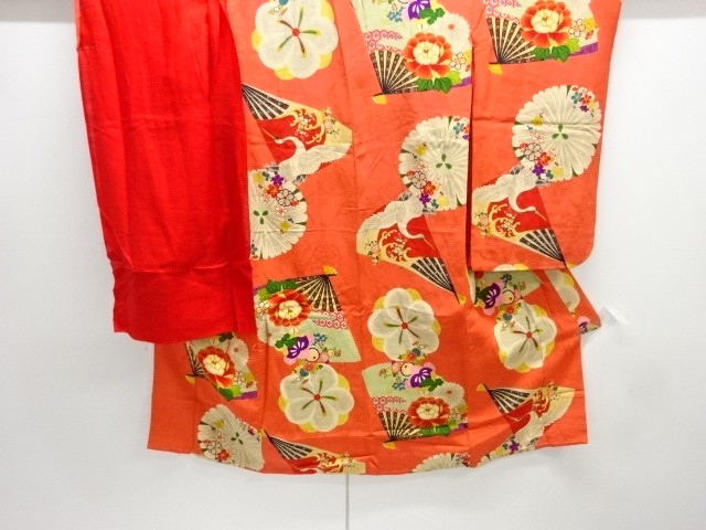 JAPANESE KIMONO / ANTIQUE KIMONO / SILK / MON KINSHA / FOLDING FAN & FLORAL PLANTS & CRANES